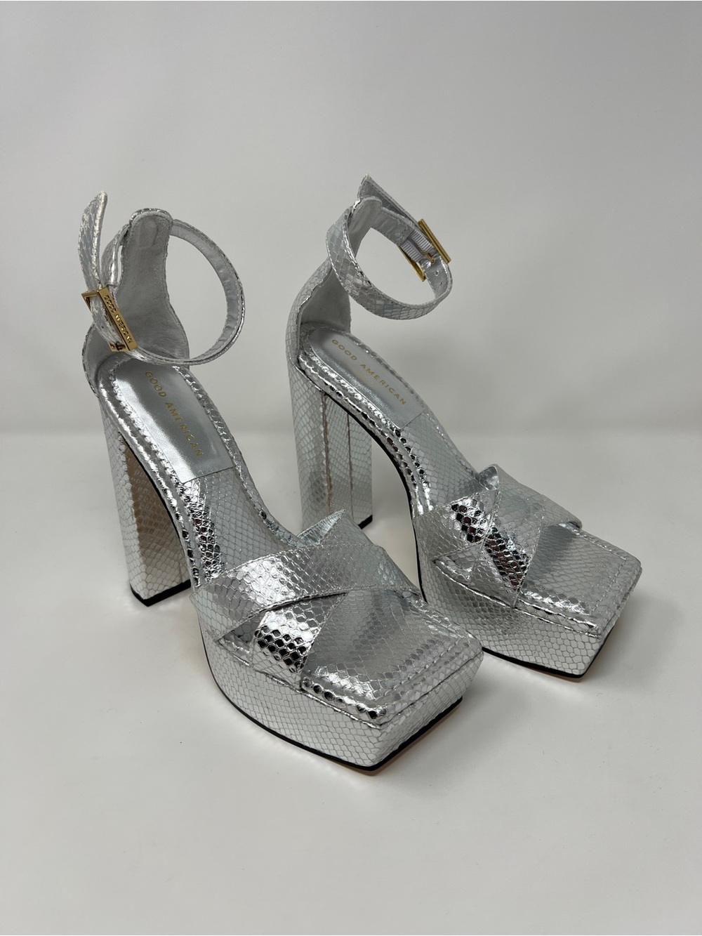 Good American Silver Snake-Texture Platform Block Heels with Ankle Strap